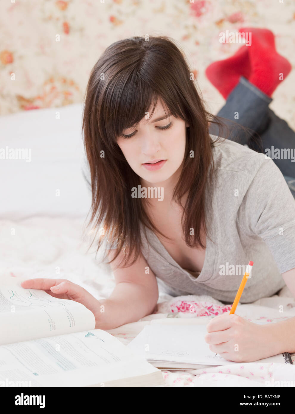Junge Frau auf Bett studieren Stockfoto