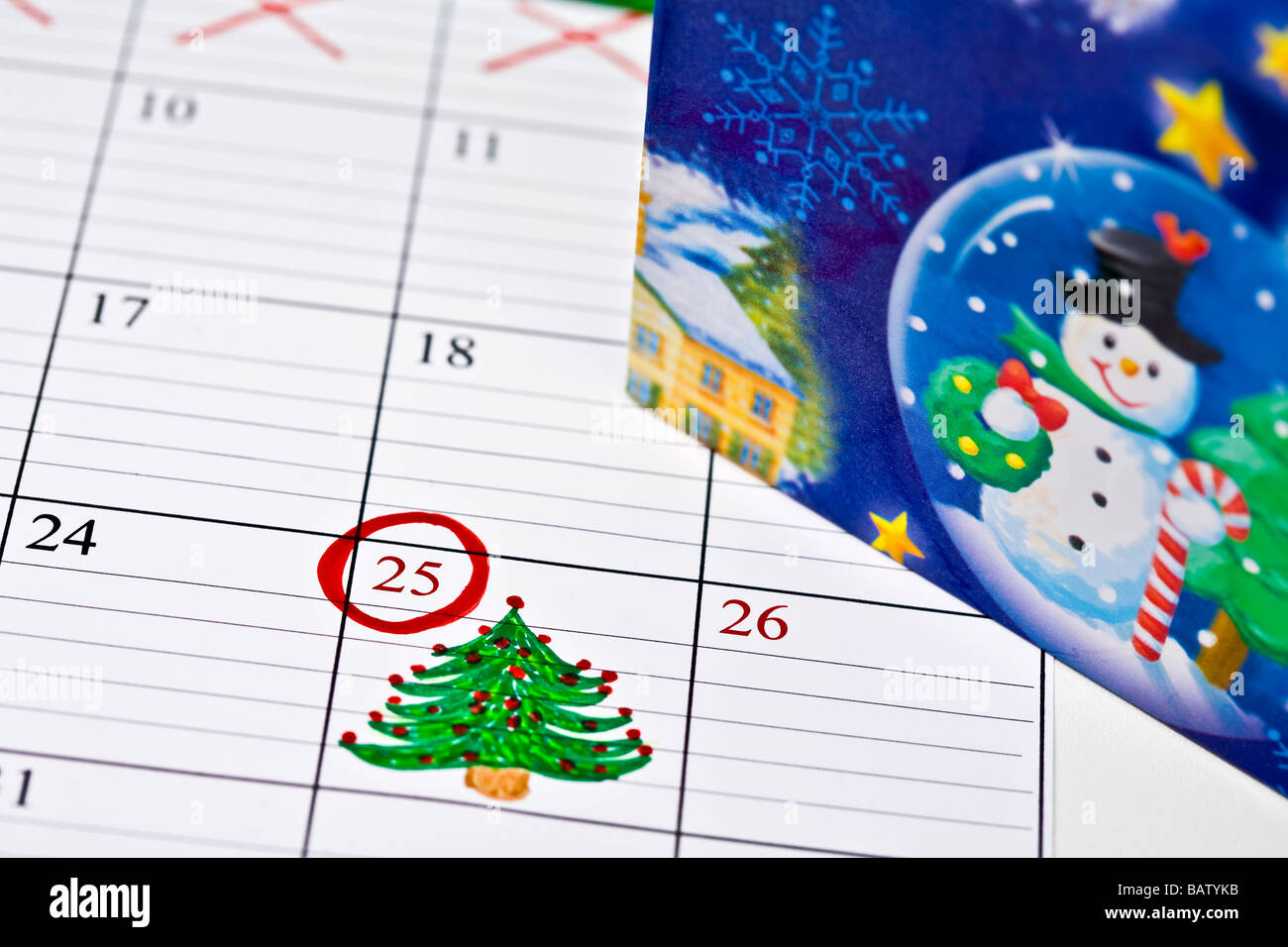 Kalender mit Zeichnung der Weihnachtsbaum Weihnachten Tag Stockfoto