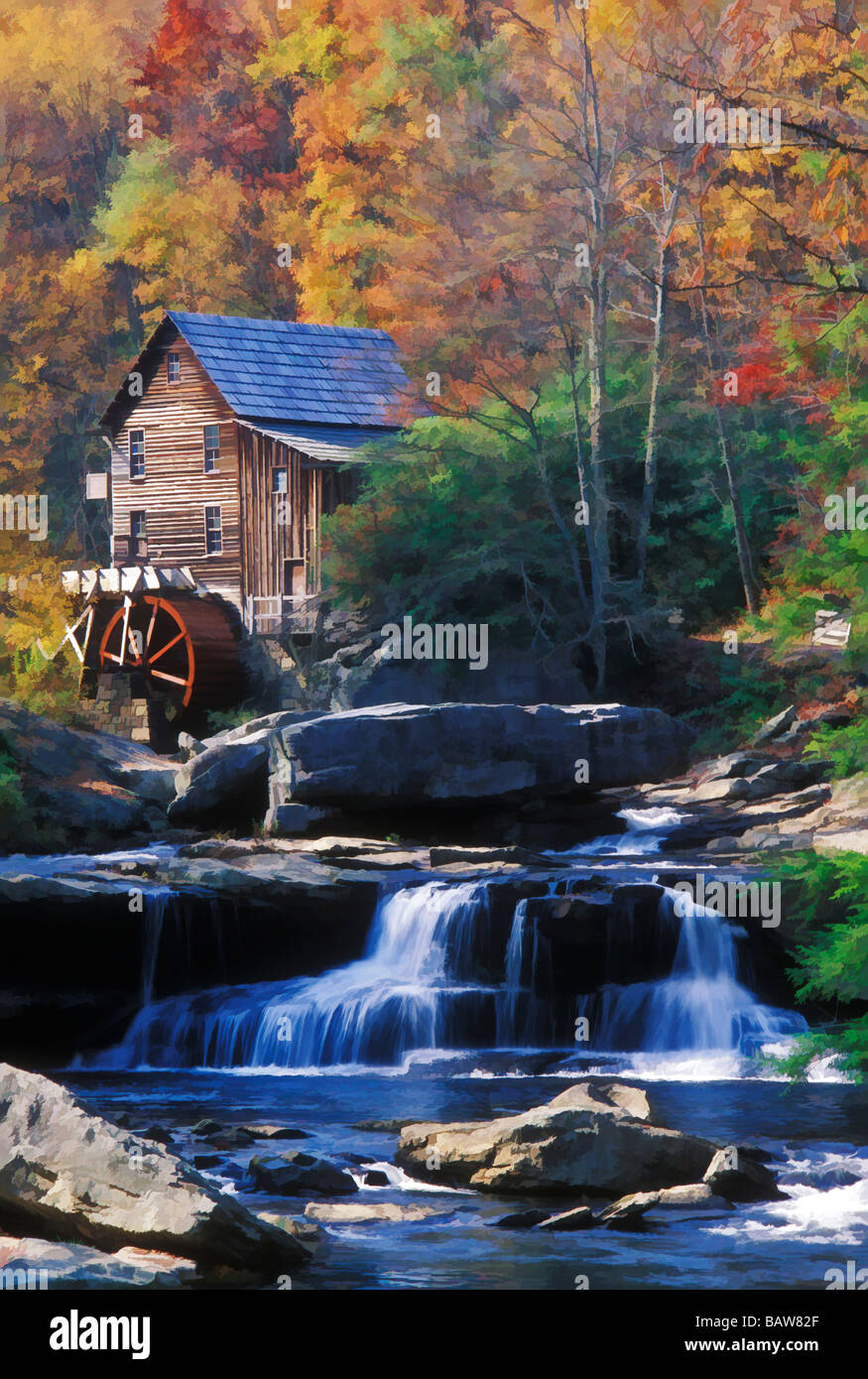 Aquarell Behandlung von Glade Creek Grist Mill Herbst Farbe Babcock State Park West Virginia Stockfoto