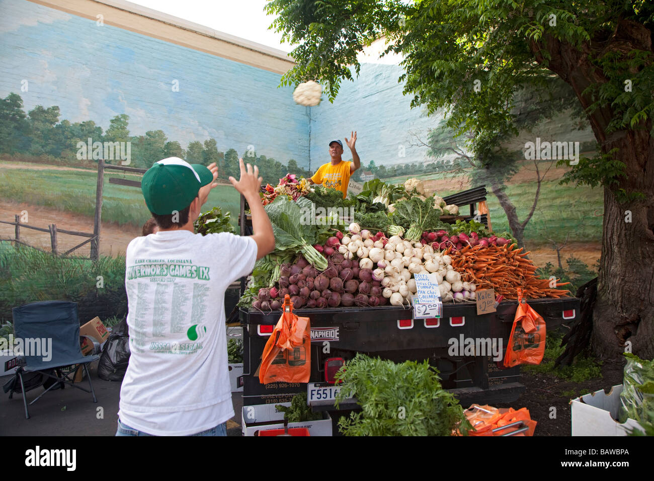 New Orleans Louisiana A Landwirt wirft Blumenkohl an seinen Sohn auf einem Bauernmarkt anzeigen Stockfoto