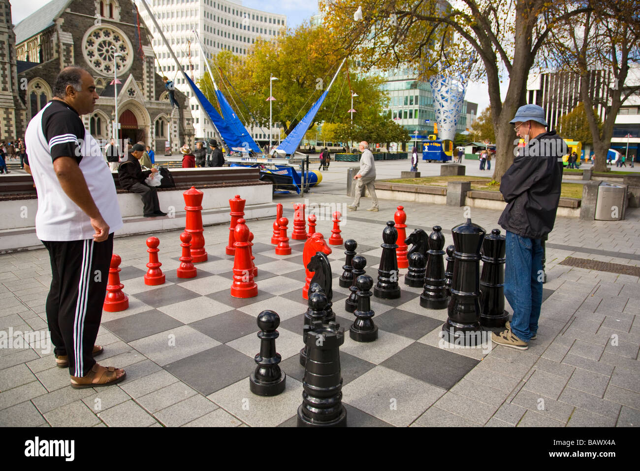 Riesenschach set Cathedral Square Christchurch Neuseeland Stockfoto