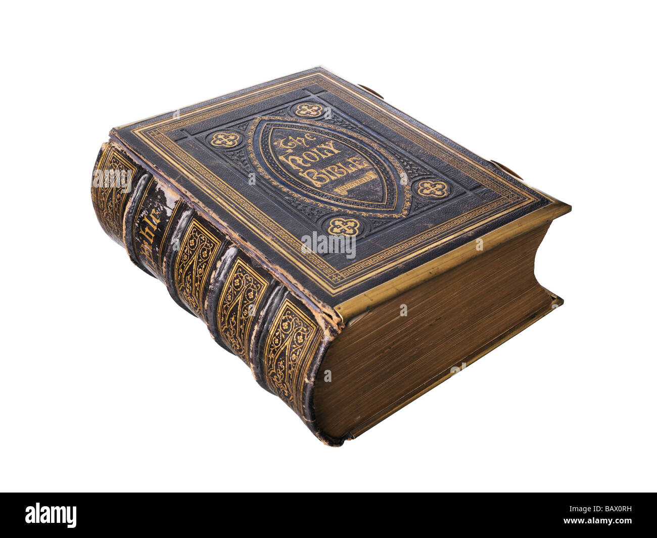 Alte Familienbibel im Vintage-Stil mit schwerer, kunstvoll geprägter Lederbindung und goldenen Seitenrändern vor einem isolierten weißen Hintergrund Stockfoto