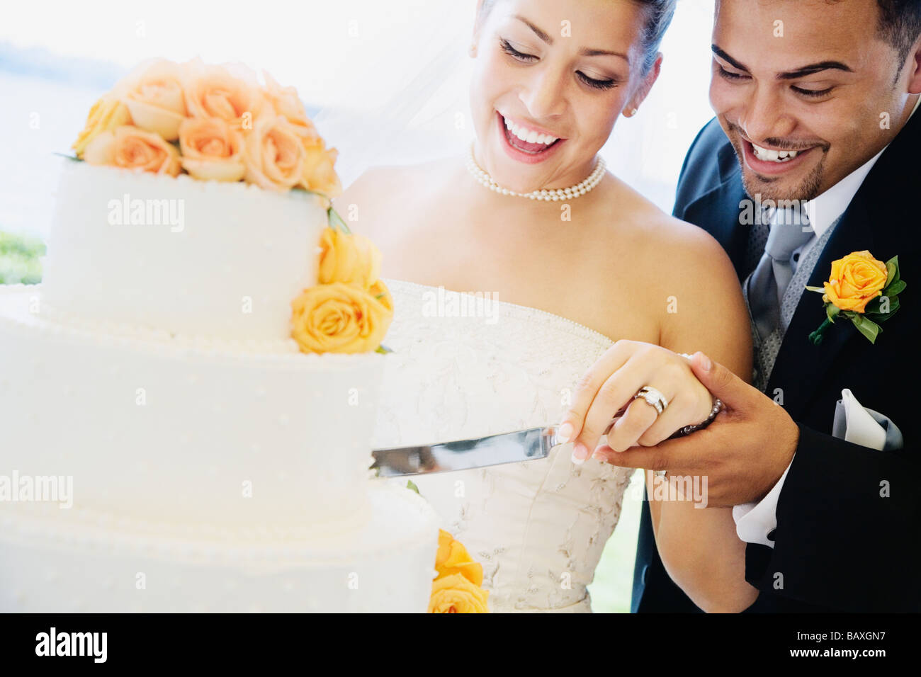 Multi-ethnische Braut und Bräutigam schneiden Kuchen Stockfoto