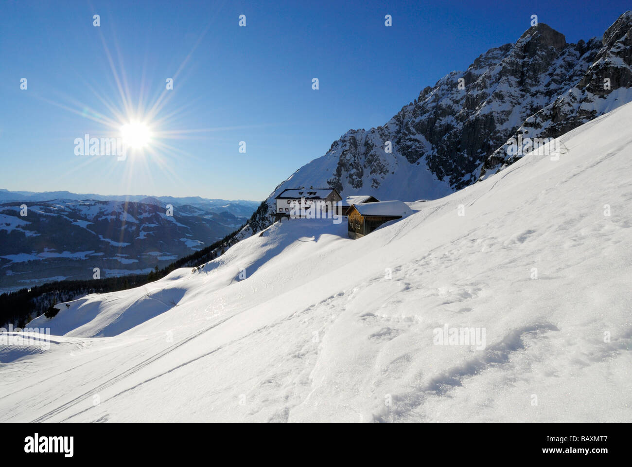 Hütte Gruttenhuette in Wilder Kaiser-Palette, Palette, Kaisergebirge, Wilder Kaiser Tirol Stockfoto