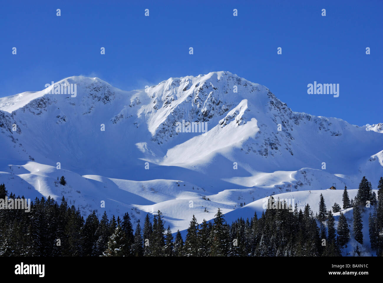 Schneeverwehungen am Grünhorn, Schwarzwassertal, Kleinwalsertal, Allgäu Palette, Allgäu, Vorarlberg, Österreich Stockfoto