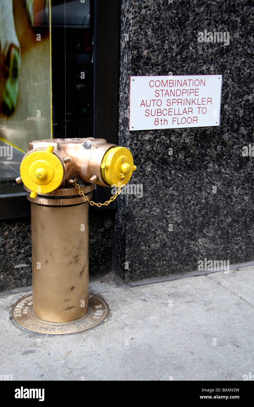 Ein gelbes Feuer trocknen Riser außerhalb eines Gebäudes in New York. Stockfoto