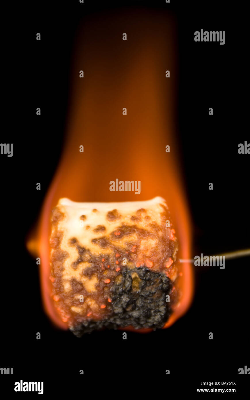 Ein flammender Rösten Marshmallow zeigt, dass die leckeren verkohlten Zucker zum Verzehr bereit Stockfoto
