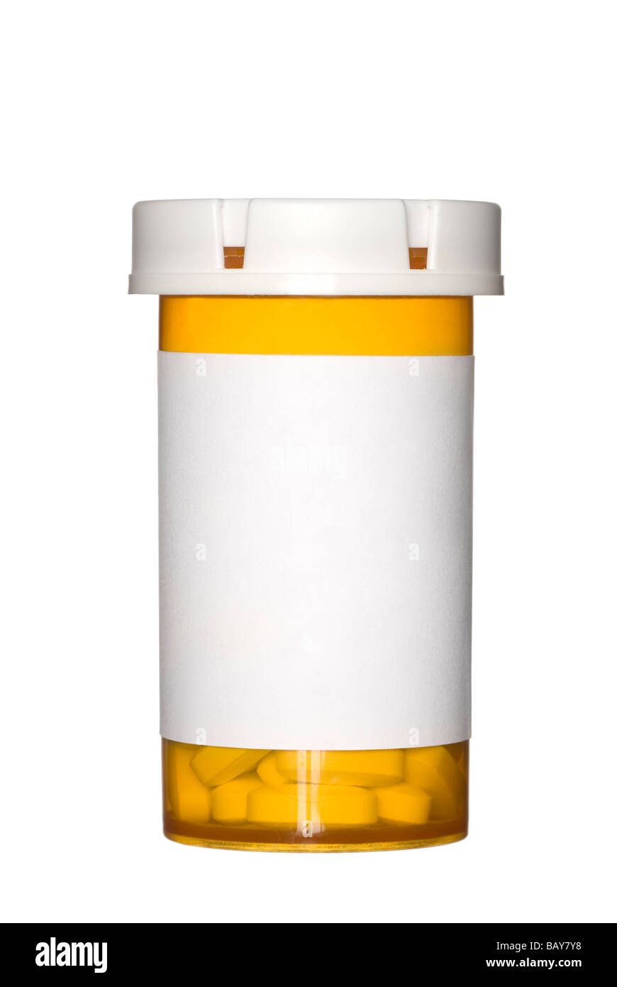 Eine medizinische Pille Flasche mit einem leeren Label für textfreiraum und die Flasche ist auf einem weißen Hintergrund isoliert Stockfoto