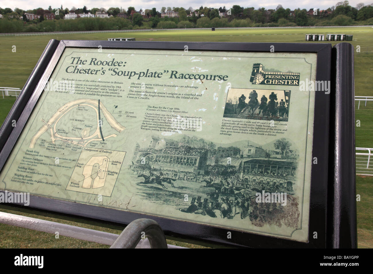 Informationsschild Chester Rennbahn bekannt als Roodee, Chester, England, Großbritannien Stockfoto