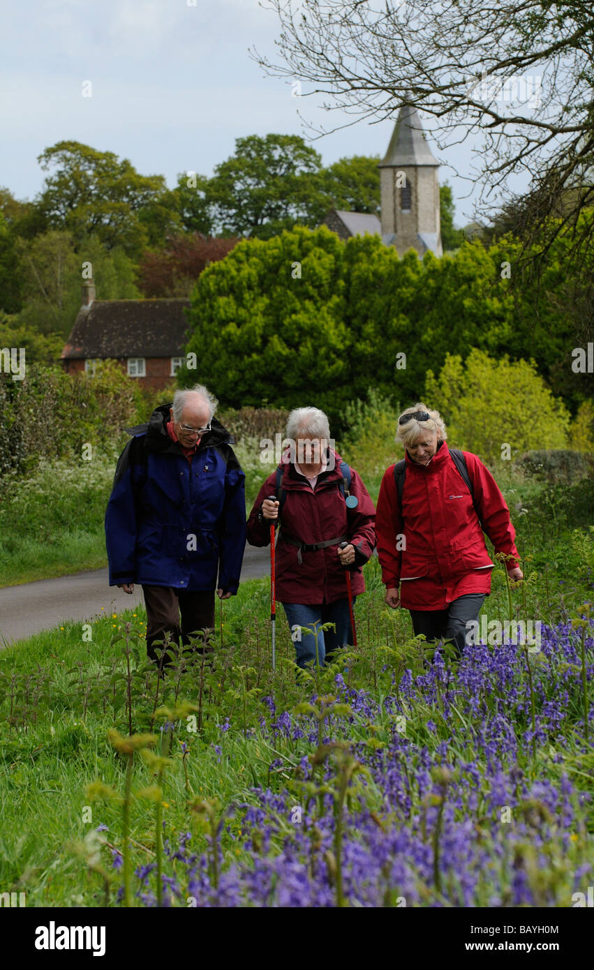 Wanderer zu Fuß durch die Hampshire Dorf Froxfield südlichen England UK im Frühling Stockfoto