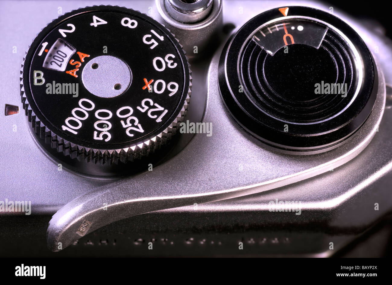 Asahi Pentax Spotmatic II Auslöser, Zifferblatt/Iso Geschwindigkeitsregler, Bildzählwerk und Film Voraus Hebel Stockfoto