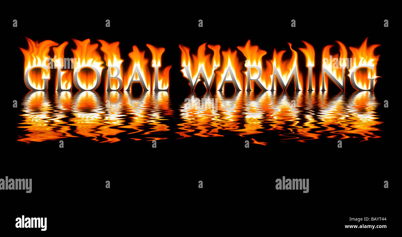 Ein Digital erzeugte Bild veranschaulicht das Konzept der globalen Erwärmung mit flammenden Buchstaben und reflektierenden Wasser Stockfoto