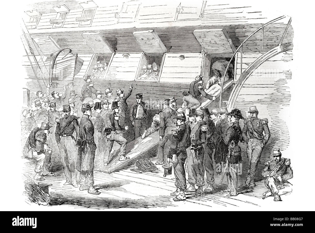 der 48. französische Regiment der Einschiffung an Bord der St. Vincent englisches Schiff bei Calais-Linie Stockfoto
