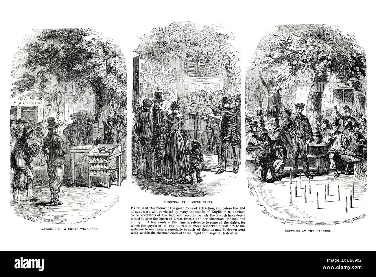 Beliebte Vergnügungen Paris Außenseite der billig-Wein-Shop, schießen auf Gipsabgüsse Kegeln an der Schranke Stockfoto