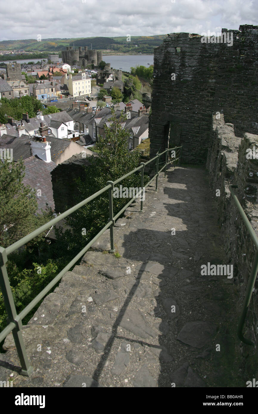 Stadt Conwy, Wales. Conwy Stadtmauer Gehweg mit Conwy Castle und der Fluss Conwy im Hintergrund. Stockfoto