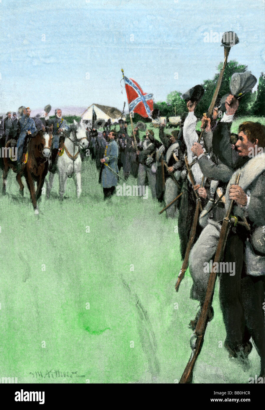 General Lee und Allgemeine Hügel reiten die Konföderierten Linien bei Antietam 1862. Hand - farbige Raster eines Stanley Arthurs Abbildung Stockfoto