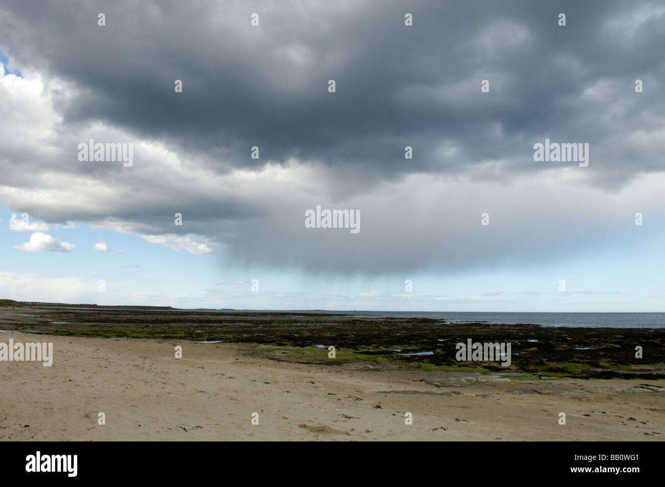 Gewitterwolken über Beadnell Strand, Northumberland Stockfoto