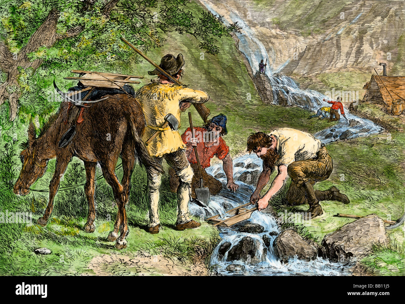 Kalifornien Prospektoren waschen Kies in einem Stream auf der Suche nach Gold. Hand - farbige Holzschnitt Stockfoto