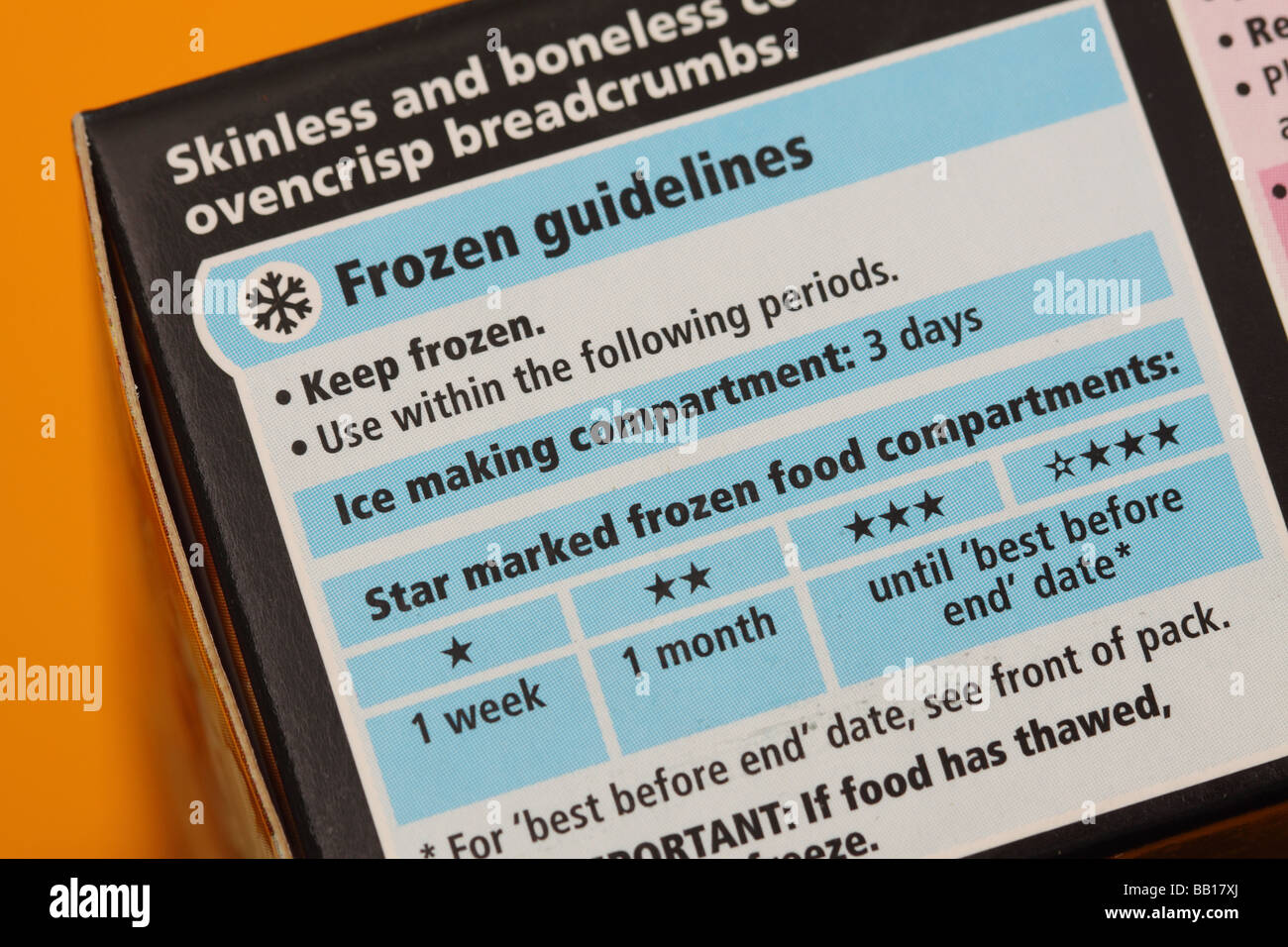 Tiefkühlkost Produktrichtlinien Sterne Gefrierschrank Lagerung auf Verbraucher Tiefkühlfisch Paket Etikett Stockfoto