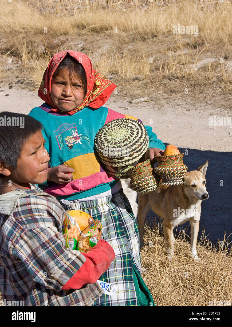 Mädchen und jungen erhalten Obst und Schule Lieferungen als Geschenke in die Tarahumara Dorf von San Alonso in Copper Canyon Mexiko gegeben Stockfoto