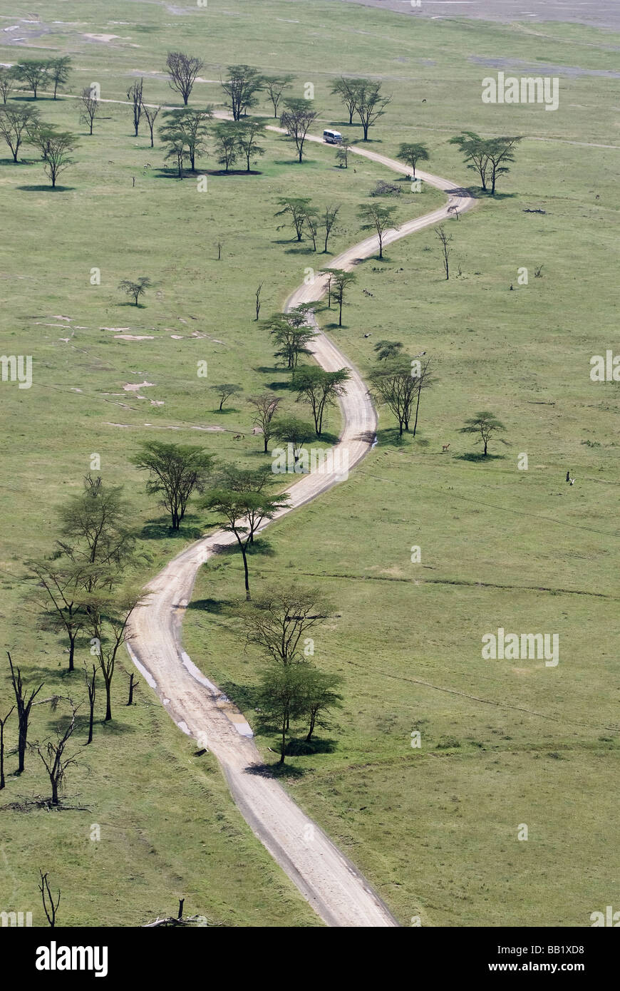 Bus fahren auf einer kurvenreichen Straße am Lake Nakuru, Nakuru, Kenia Stockfoto