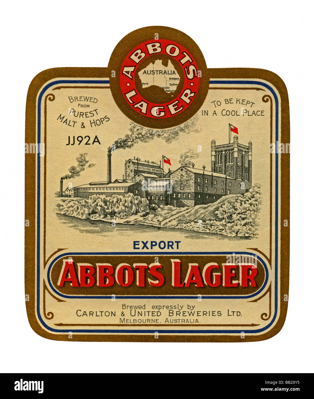 Alten australischen Bieraufkleber Äbte Lager, Melbourne, Victoria Stockfoto