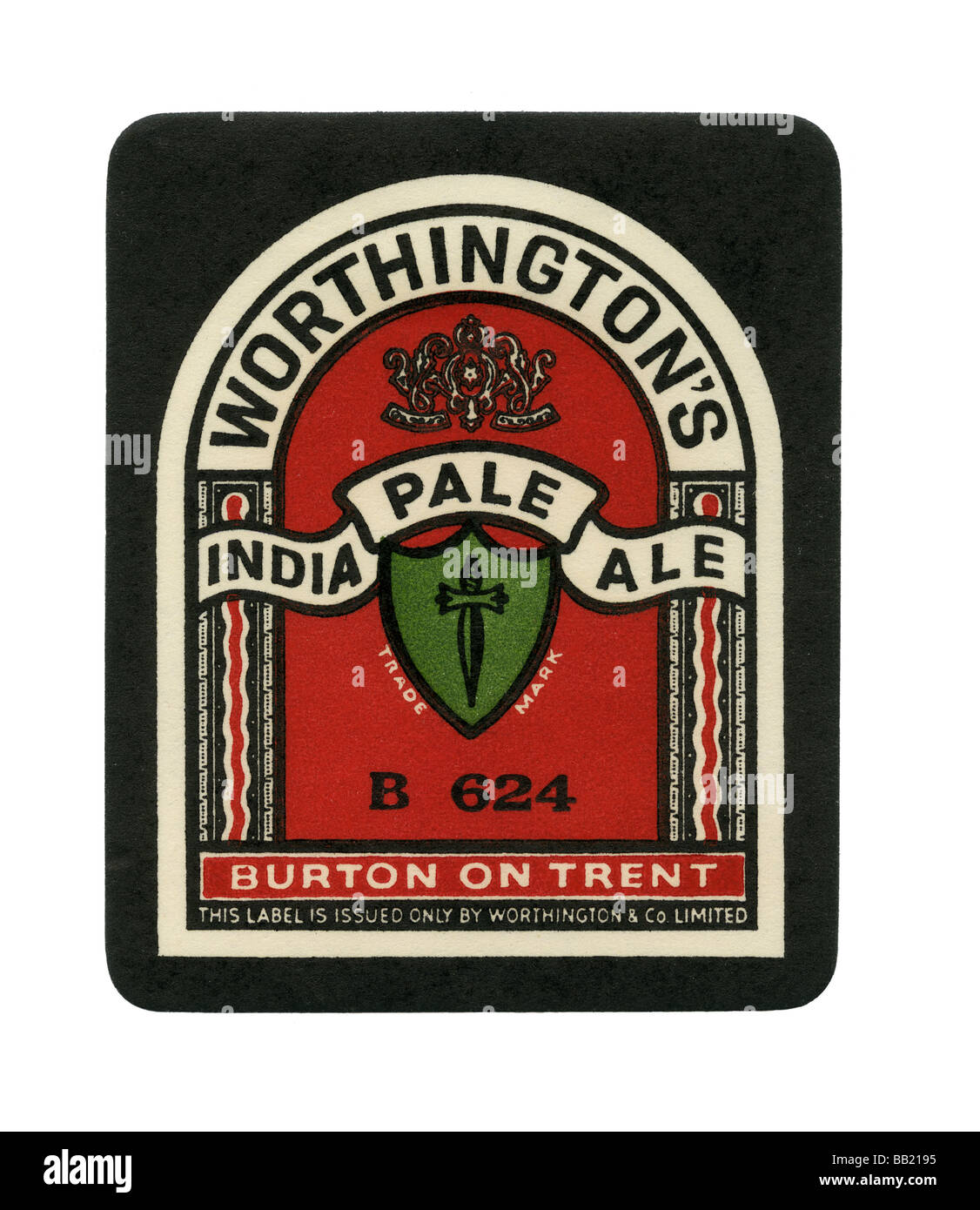 Alte britische Bieraufkleber für Worthington der IPA (India Pale Ale) oder weißen Schild, Burton-nach-Trent, Staffordshire Stockfoto