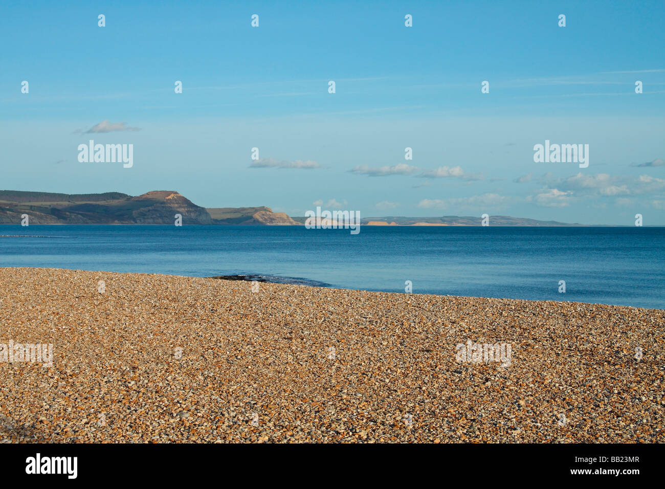 Blick auf den Dorset Coast von Lyme Regis in Richtung Charmouth und die Golden Cap Cliff. Südengland Stockfoto