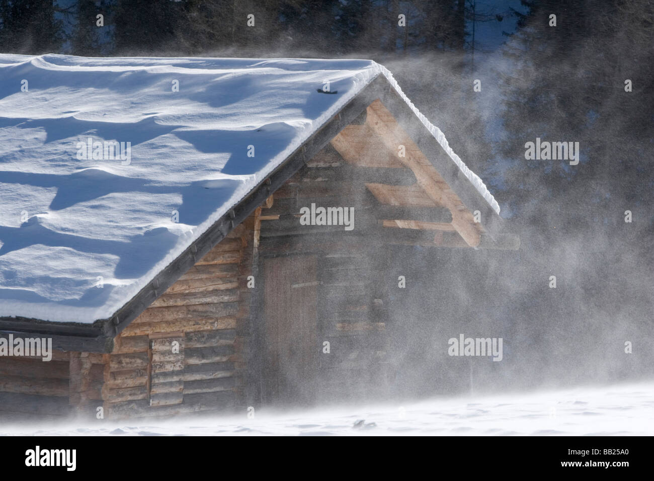Wind weht Schnee von Berghütte oder Blockhaus, Alto Adige, Italienische Alpen Stockfoto