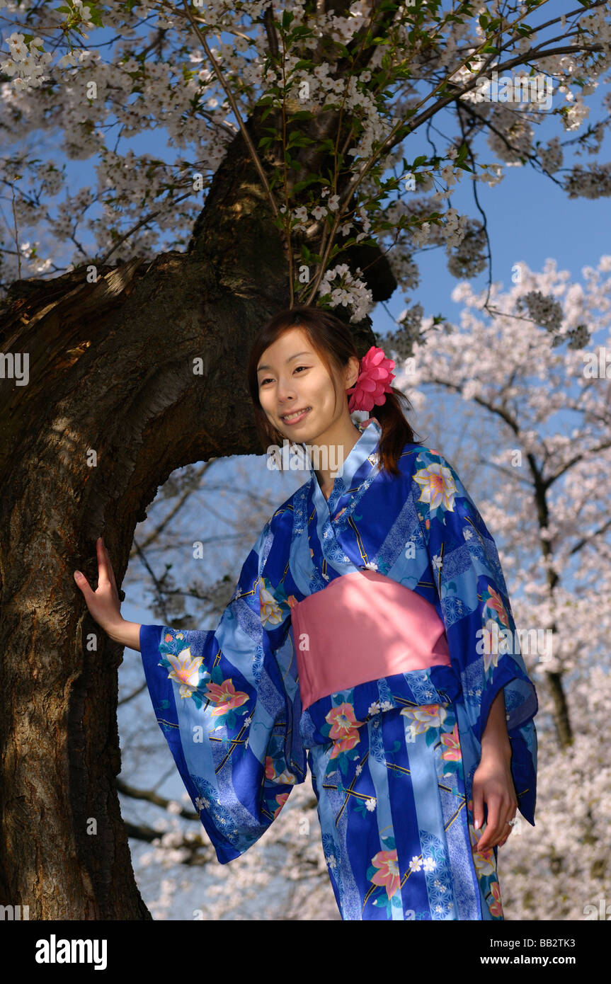 Junge Japanerin in einem Kimono stützte sich auf den Stamm von einem blühenden Kirschbaum Prunus Serrulata Sakura Somei-Yoshino im High Park Toronto Stockfoto