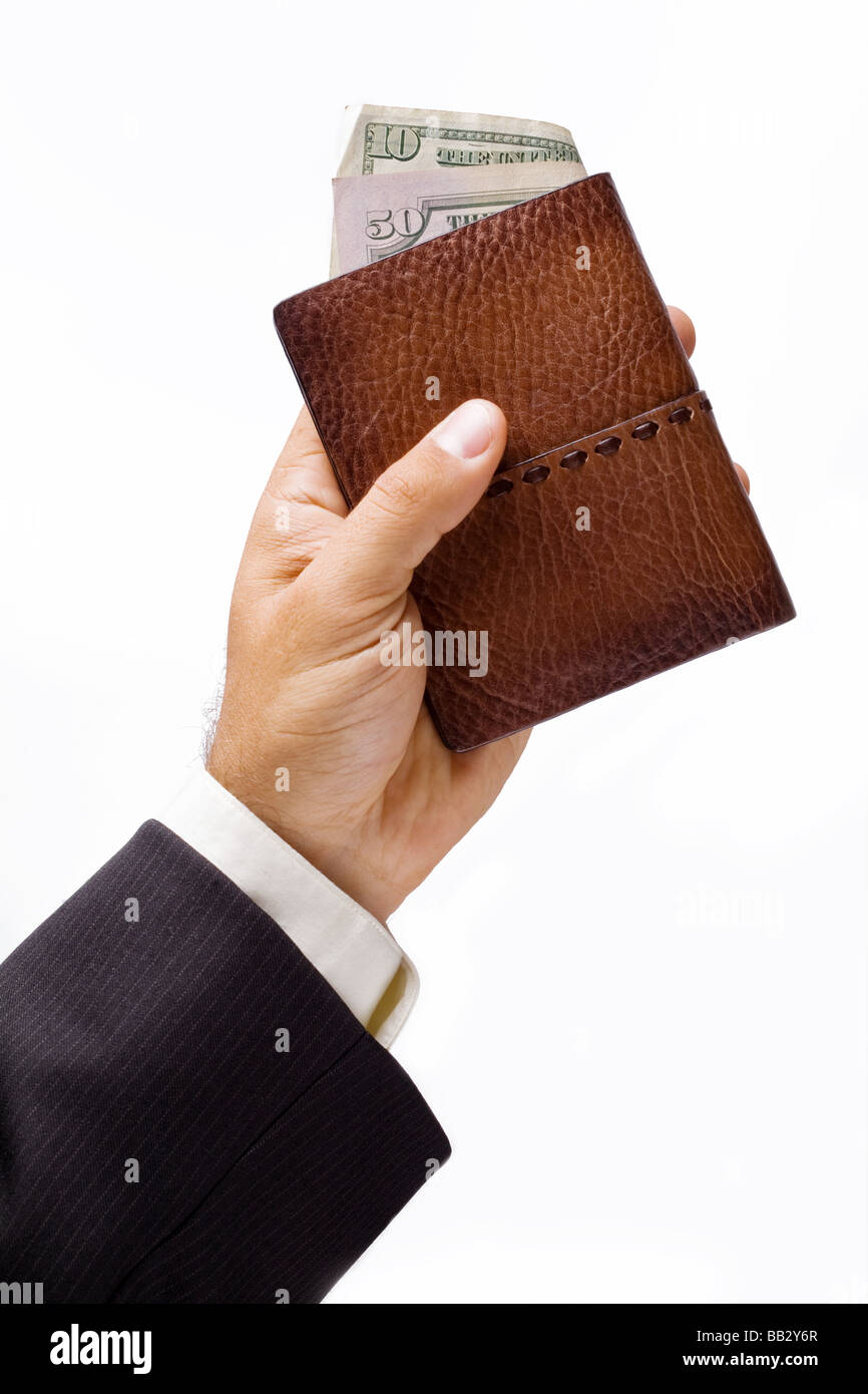 Geldbörse mit US-Dollar in einer hand Stockfoto
