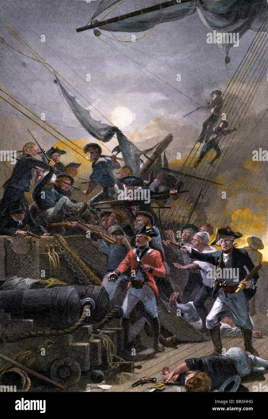 Amerikanische Seeleute aus dem Bonhomme Richard Erfassung der britischen Schiff Serapis revolutionären Krieg. Handcolorierte Stahlstich Stockfoto