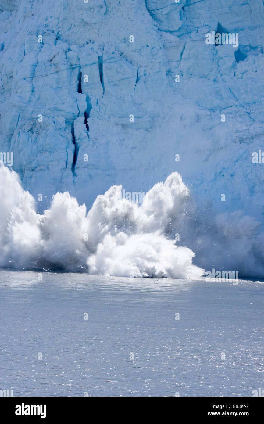 USA, Alaska, Glacier Bay Nationalpark. Eis aus Gesicht der großen Ebene Gletscher kalben. Stockfoto