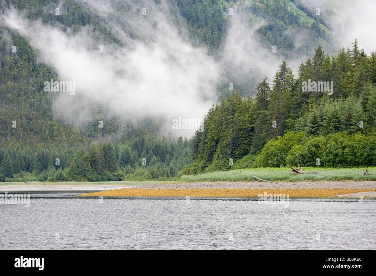 USA, Alaska, Glacier Bay Nationalpark. Blick auf den nebligen Mountain aus Dundas Bay. Stockfoto