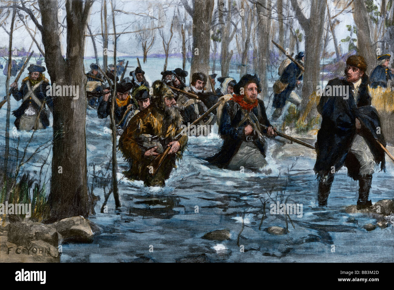 George Rogers Clark führende amerikanische Kräfte auf die Wabash River während des revolutionären Krieges. Handcolorierte halftone einer F.C. Yohn Abbildung Stockfoto