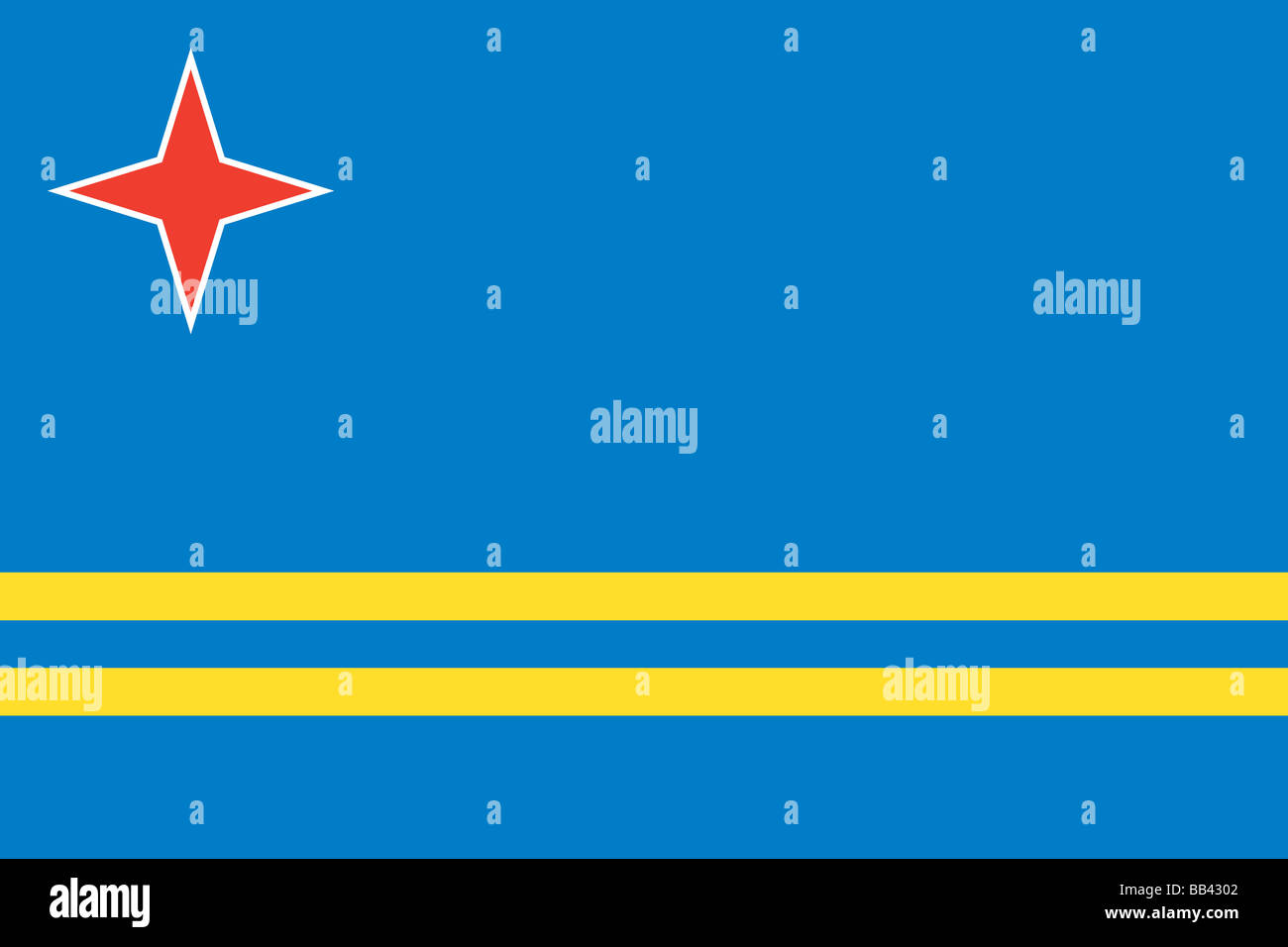 Flagge von Aruba, niederländische Gebiet im karibischen Meer. Stockfoto