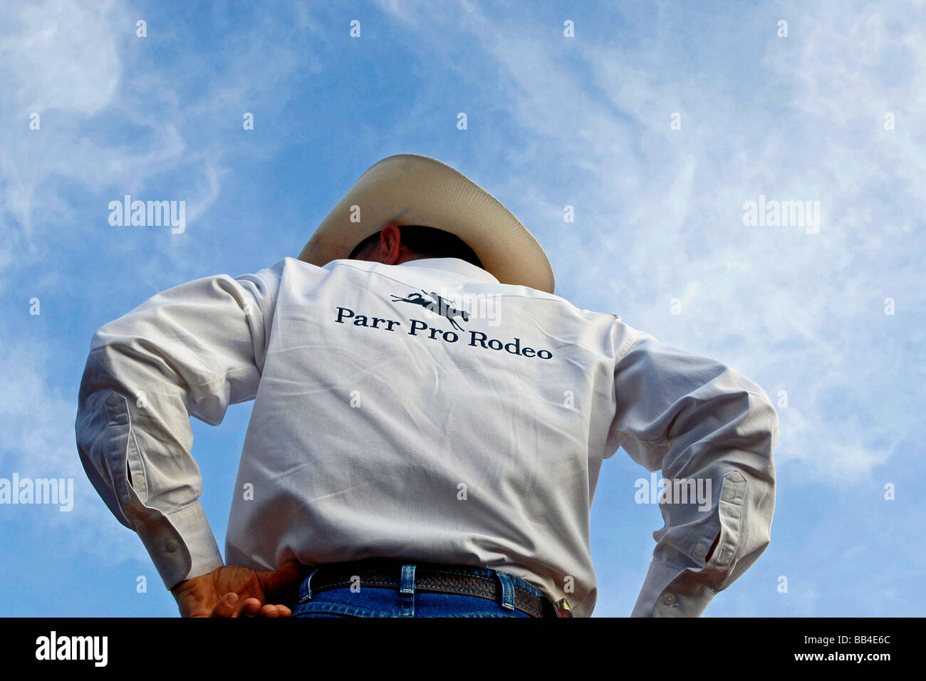 Rodeo Cowboy Umfragen das Feld in der weiten, offenen Flächen der südwestlichen Vereinigten Staaten mit einem tiefblauen Himmel seine helle Gestaltung wir Stockfoto
