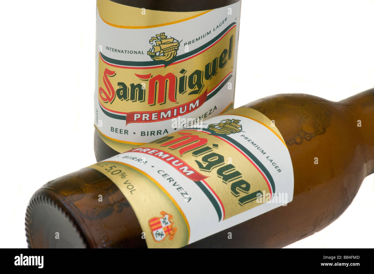 2 Flaschen spanischen Bier San Miguel Stockfoto