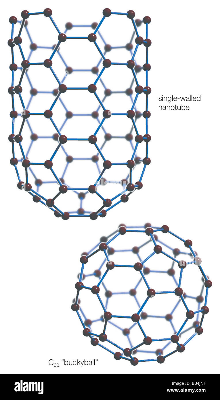 Zwei Fulleren-Strukturen: eine längliche Kohlenstoff-Nanoröhrchen und eine kugelförmige Buckminsterfulleren oder "Buckyball." Stockfoto