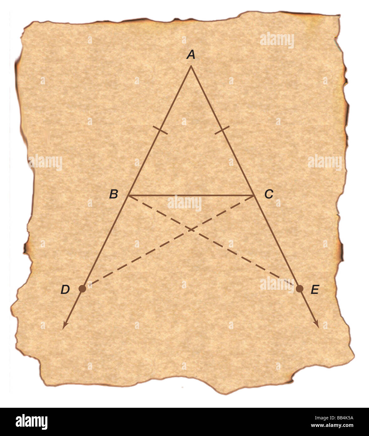 Euklids These, dass die Basis Winkel in gleichschenkligen Dreiecks gleich sind kann die Brücke Esel benannt wurden. Stockfoto