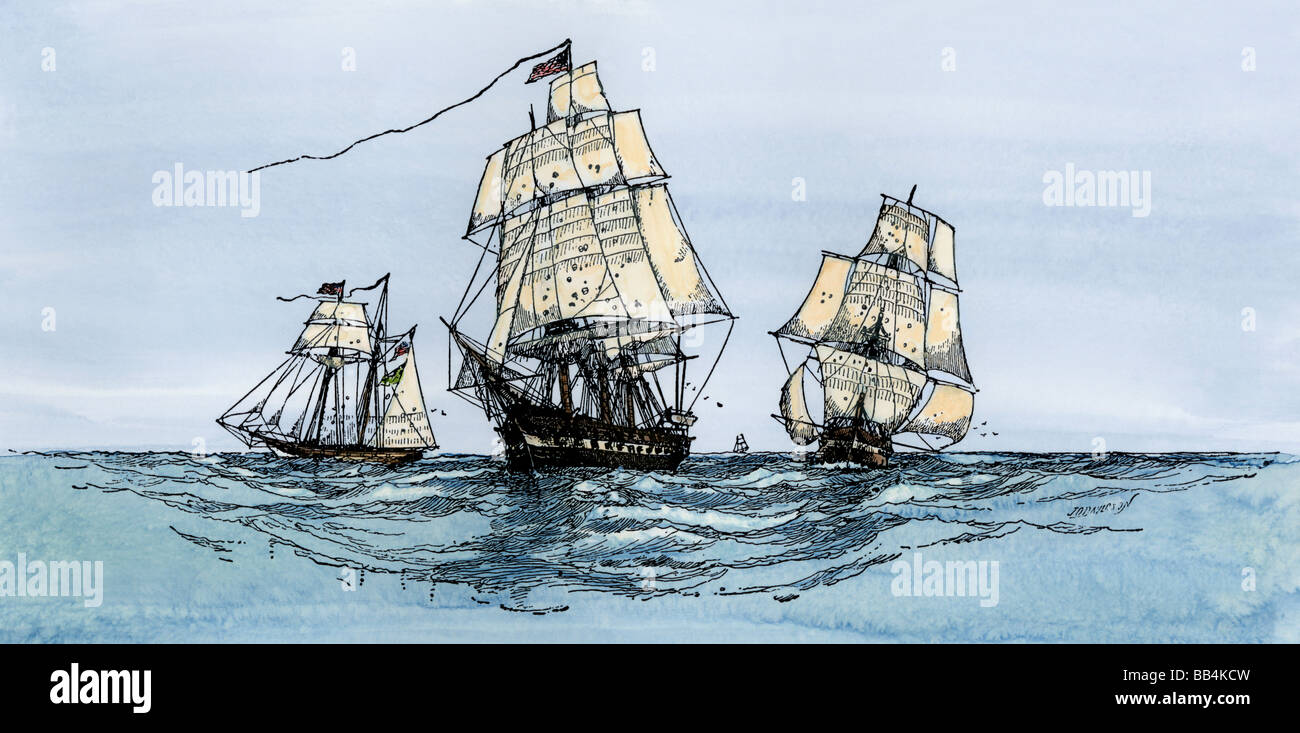 Amerikanische privateers Holen in ihre Preise revolutionären Krieg. Hand - farbige Holzschnitt Stockfoto