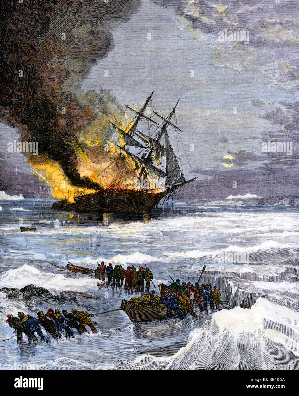 Brennen von US Navy Schiff Rodgers in arktischen Gewässern Jagd für die De Lange Expedition nach Verschwinden der Jeannette 1882. Hand - farbige Holzschnitt Stockfoto