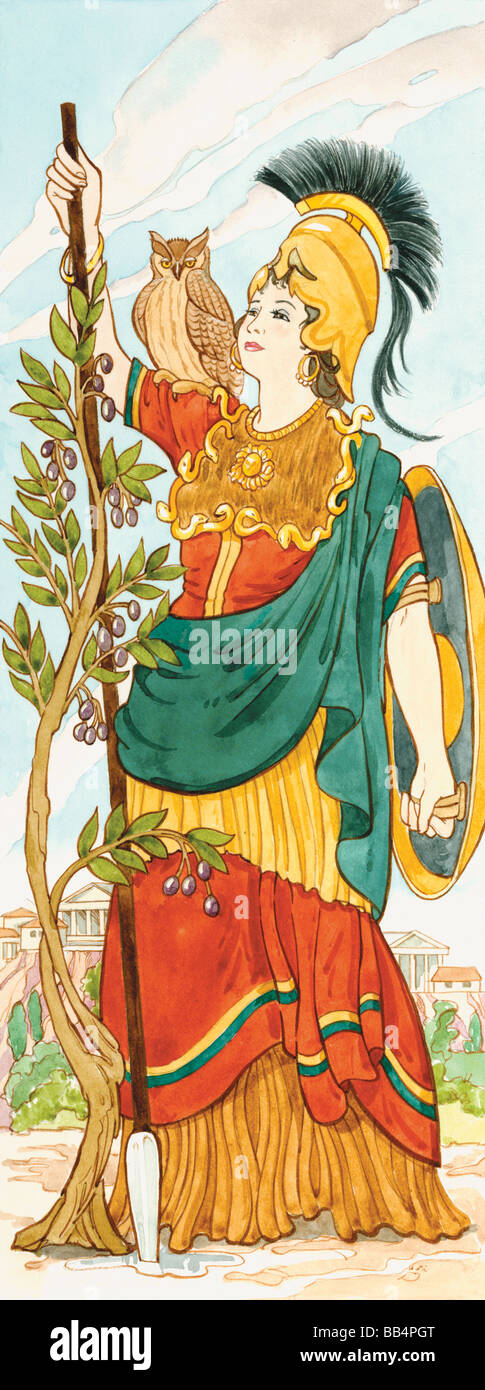 Athena war in der griechischen Mythologie die Göttin des Krieges, Kunsthandwerk, und Weisheit und Vernunft. Die Römer verbanden sie mit Minerva. Stockfoto