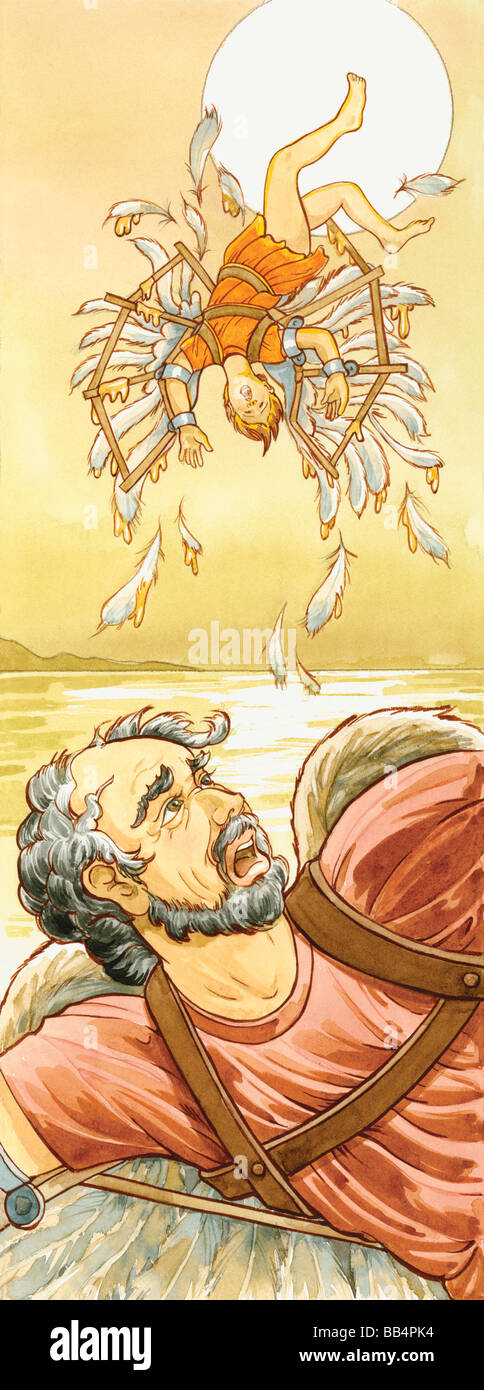 In der griechischen Mythologie der Erfinder Dädalus und sein Sohn Ikarus Flügel aus Wachs um zu fliegen verwendet, aber Ikarus flog zu nah an die Sonne. Stockfoto