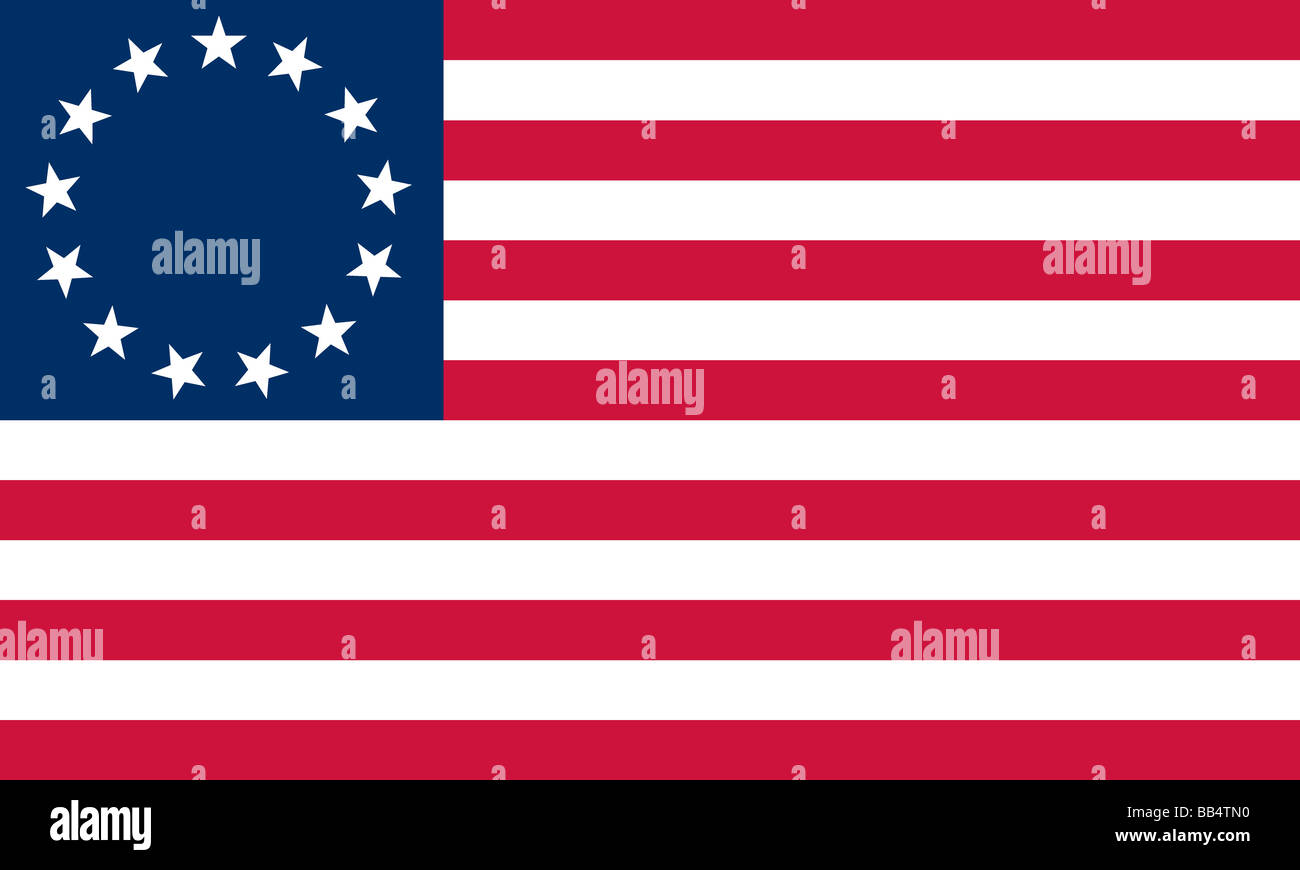 Historische Flagge der Vereinigten Staaten von Amerika. Betsy Ross Flag, 1776, eine frühe amerikanische Flagge mit 13 roten und weißen Streifen und Stockfoto