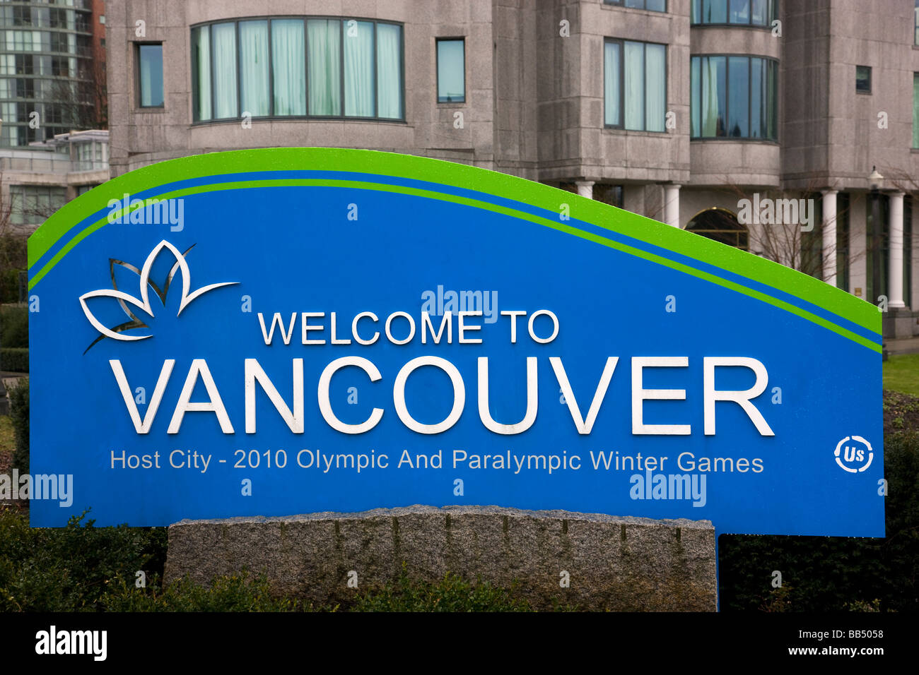 Willkommensschild für die Gastgeberstadt der 2010 Winter Olympiade Vancouver British Columbia Kanada Stockfoto