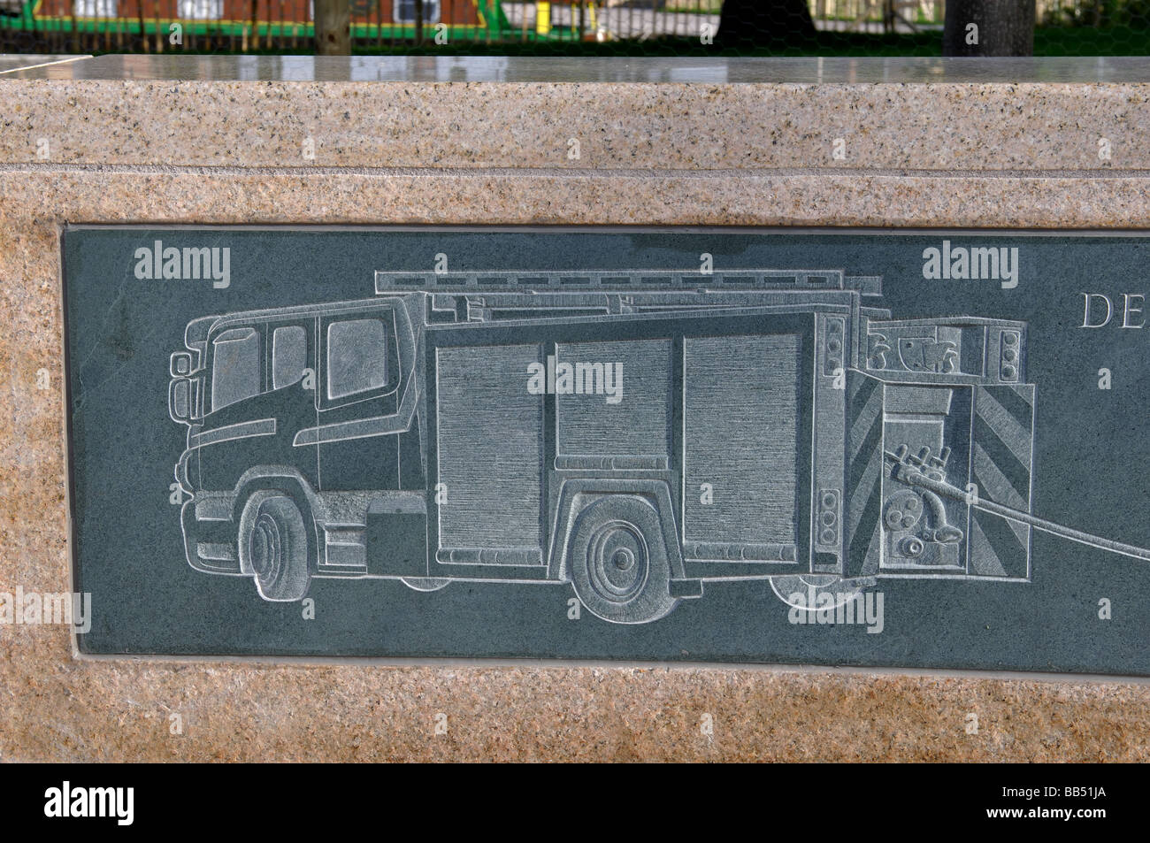 Detail der Feuerwehr Memorial, Stratford Warwickshire, England, Vereinigtes Königreich Stockfoto