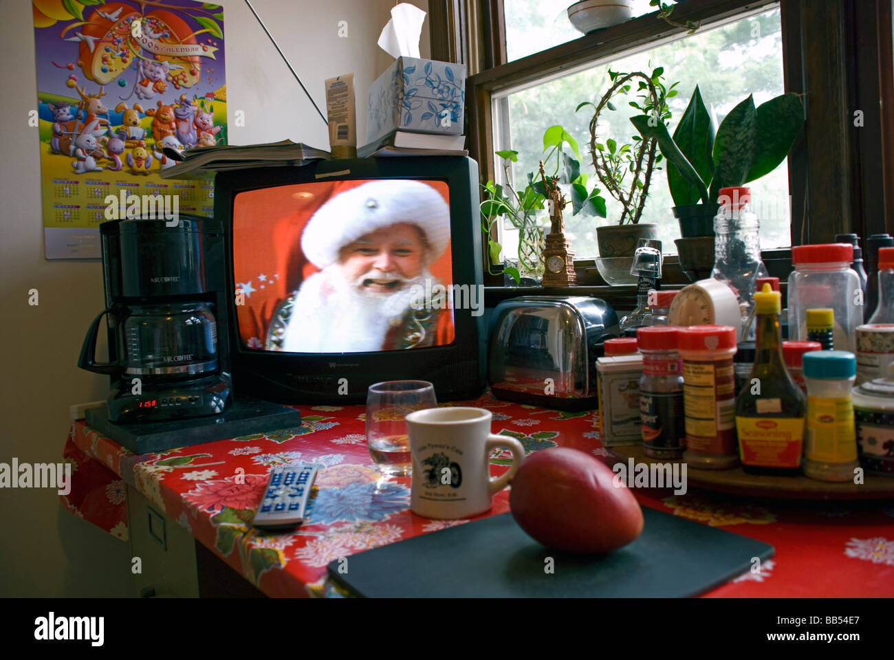 Thanksgiving Day Santa Clause in die Macys Tages beobachten parade im Fernsehen in einer kleinen Küche Stockfoto