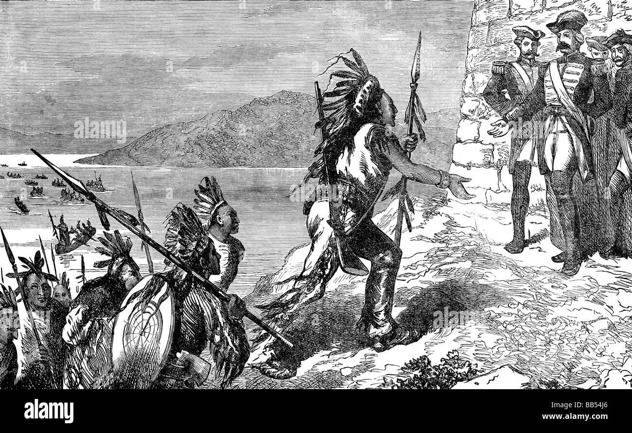 Ankunft der indianischen Verbündeten im französischen Lager Stockfoto