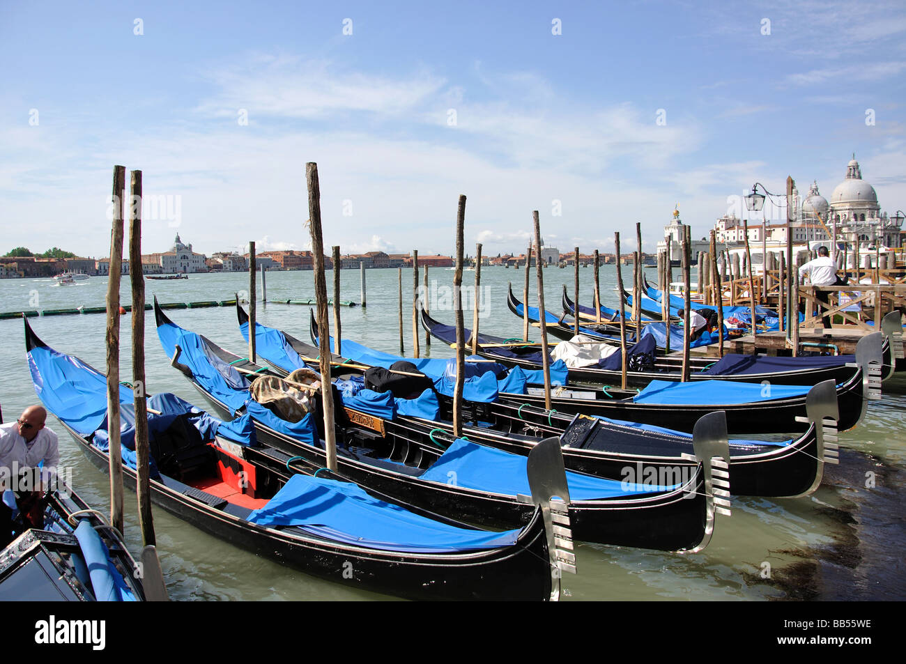 Gondeln vor Anker am Ufer, Canal Grande, Venedig, Provinz Venedig, Veneto Region, Italien Stockfoto